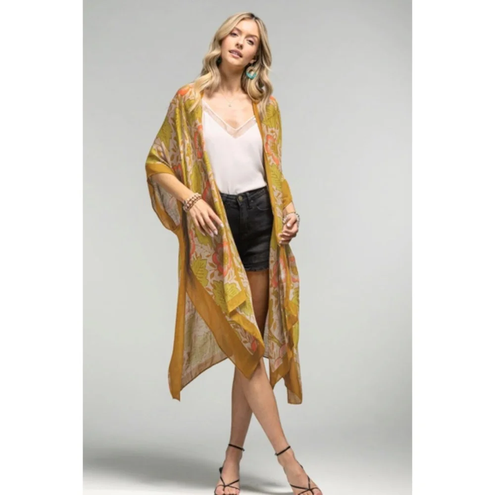 SOLD OUT Retro Vintage 70's Style Floral Leaf Print Kimono Open Wrap Coverup Top - Picture 3 of 6